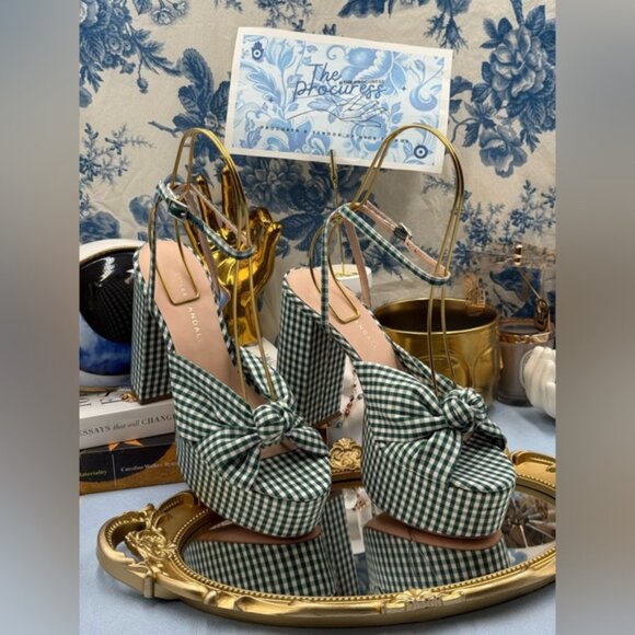 🆕 LOEFFLER RANDALL 🧿 NWOB Roz Platform Sandal, Mint Green Gingham - Sz US 7 - Picture 2 of 14
